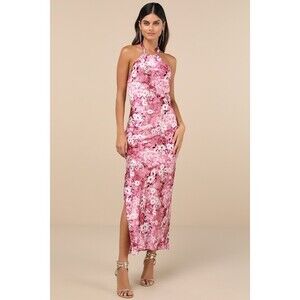 Lulus Glowing Presence Mauve Floral Satin Halter Maxi Dress Pink - Size XXL
